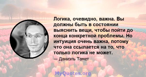 Логика, очевидно, важна. Вы должны быть в состоянии выяснить вещи, чтобы пойти до конца конкретной проблемы. Но интуиция очень важна, потому что она ссылается на то, что только логика не может.