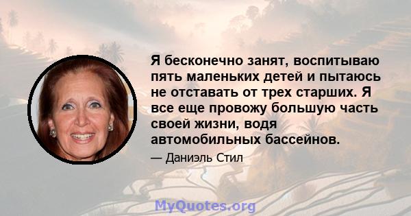 Я бесконечно занят, воспитываю пять маленьких детей и пытаюсь не отставать от трех старших. Я все еще провожу большую часть своей жизни, водя автомобильных бассейнов.