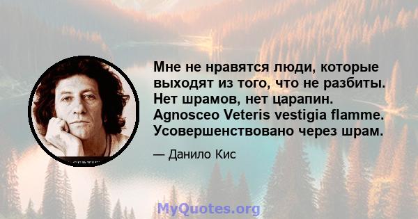 Мне не нравятся люди, которые выходят из того, что не разбиты. Нет шрамов, нет царапин. Agnosceo Veteris vestigia flamme. Усовершенствовано через шрам.