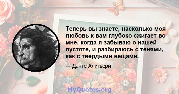 Теперь вы знаете, насколько моя любовь к вам глубоко сжигает во мне, когда я забываю о нашей пустоте, и разбираюсь с тенями, как с твердыми вещами.