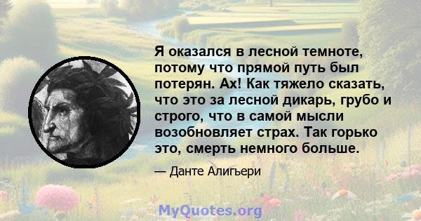 Я оказался в лесной темноте, потому что прямой путь был потерян. Ах! Как тяжело сказать, что это за лесной дикарь, грубо и строго, что в самой мысли возобновляет страх. Так горько это, смерть немного больше.