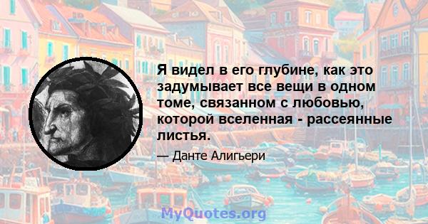 Я видел в его глубине, как это задумывает все вещи в одном томе, связанном с любовью, которой вселенная - рассеянные листья.