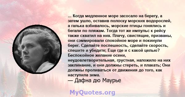 ... Когда медленное море засосало на берегу, а затем ушло, оставив полоску морских водорослей, а галька взбивалось, морские птицы гонялись и бегали по пляжам. Тогда тот же импульс к рейсу также схватил на них. Плачу,