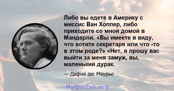 Либо вы едете в Америку с миссис Ван Хоппер, либо приходите со мной домой в Мандерли. «Вы имеете в виду, что хотите секретаря или что -то в этом роде?» «Нет, я прошу вас выйти за меня замуж, вы, маленький дурак.