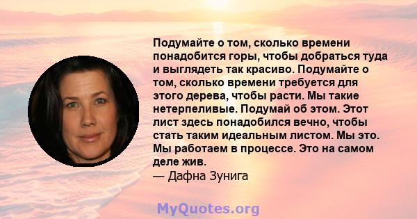 Подумайте о том, сколько времени понадобится горы, чтобы добраться туда и выглядеть так красиво. Подумайте о том, сколько времени требуется для этого дерева, чтобы расти. Мы такие нетерпеливые. Подумай об этом. Этот