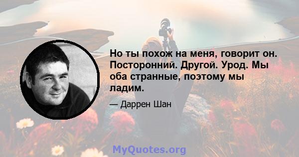 Но ты похож на меня, говорит он. Посторонний. Другой. Урод. Мы оба странные, поэтому мы ладим.