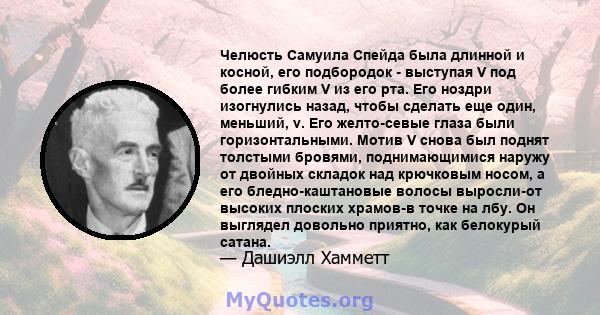 Челюсть Самуила Спейда была длинной и косной, его подбородок - выступая V под более гибким V из его рта. Его ноздри изогнулись назад, чтобы сделать еще один, меньший, v. Его желто-севые глаза были горизонтальными. Мотив 