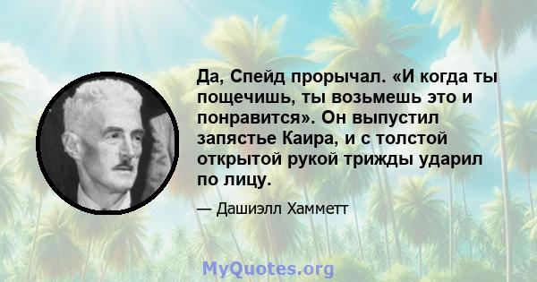 Да, Спейд прорычал. «И когда ты пощечишь, ты возьмешь это и понравится». Он выпустил запястье Каира, и с толстой открытой рукой трижды ударил по лицу.