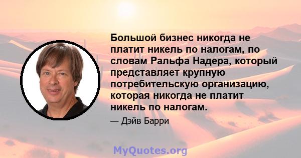 Большой бизнес никогда не платит никель по налогам, по словам Ральфа Надера, который представляет крупную потребительскую организацию, которая никогда не платит никель по налогам.