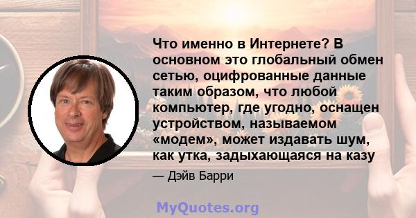 Что именно в Интернете? В основном это глобальный обмен сетью, оцифрованные данные таким образом, что любой компьютер, где угодно, оснащен устройством, называемом «модем», может издавать шум, как утка, задыхающаяся на