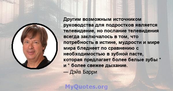 Другим возможным источником руководства для подростков является телевидение, но послание телевидения всегда заключалось в том, что потребность в истине, мудрости и мире мира бледнеет по сравнению с необходимостью в