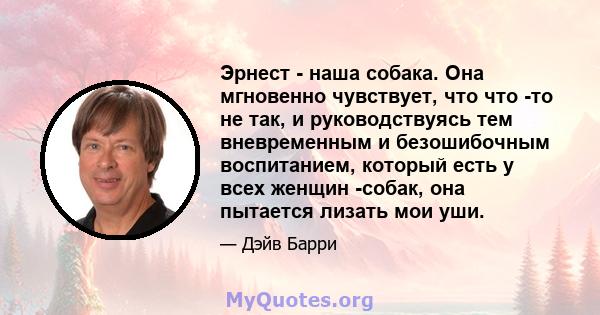 Эрнест - наша собака. Она мгновенно чувствует, что что -то не так, и руководствуясь тем вневременным и безошибочным воспитанием, который есть у всех женщин -собак, она пытается лизать мои уши.