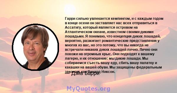 Гарри сильно увлекается кемпингом, и с каждым годом в конце осени он заставляет нас всех отправиться в Ассатигу, который является островом на Атлантическом океане, известном своими дикими лошадьми. Я понимаю, что