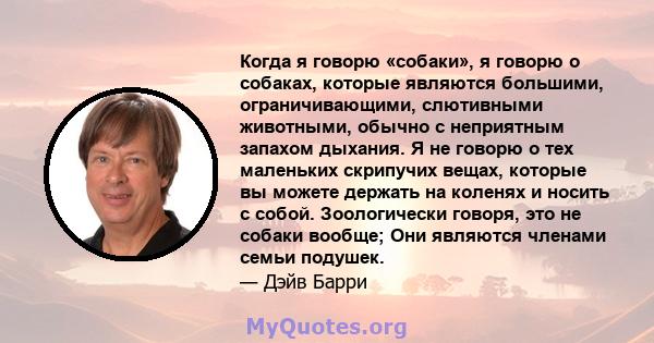 Когда я говорю «собаки», я говорю о собаках, которые являются большими, ограничивающими, слютивными животными, обычно с неприятным запахом дыхания. Я не говорю о тех маленьких скрипучих вещах, которые вы можете держать