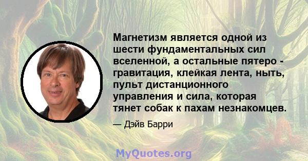 Магнетизм является одной из шести фундаментальных сил вселенной, а остальные пятеро - гравитация, клейкая лента, ныть, пульт дистанционного управления и сила, которая тянет собак к пахам незнакомцев.