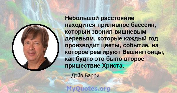 Небольшой расстояние находится приливное бассейн, который звонил вишневым деревьям, которые каждый год производит цветы, событие, на которое реагируют Вашингтонцы, как будто это было второе пришествие Христа.