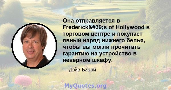 Она отправляется в Frederick's of Hollywood в торговом центре и покупает явный наряд нижнего белья, чтобы вы могли прочитать гарантию на устройство в неверном шкафу.