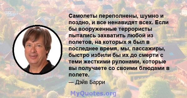 Самолеты переполнены, шумно и поздно, и все ненавидят всех. Если бы вооруженные террористы пытались захватить любой из полетов, на которых я был в последнее время, мы, пассажиры, быстро избили бы их до смерти с теми