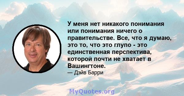 У меня нет никакого понимания или понимания ничего о правительстве. Все, что я думаю, это то, что это глупо - это единственная перспектива, которой почти не хватает в Вашингтоне.