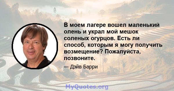 В моем лагере вошел маленький олень и украл мой мешок соленых огурцов. Есть ли способ, которым я могу получить возмещение? Пожалуйста, позвоните.