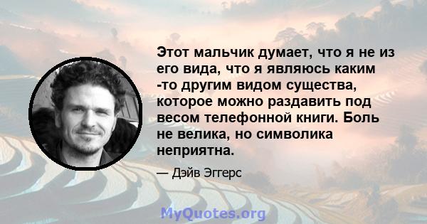 Этот мальчик думает, что я не из его вида, что я являюсь каким -то другим видом существа, которое можно раздавить под весом телефонной книги. Боль не велика, но символика неприятна.