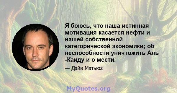 Я боюсь, что наша истинная мотивация касается нефти и нашей собственной категорической экономики; об неспособности уничтожить Аль -Каиду и о мести.