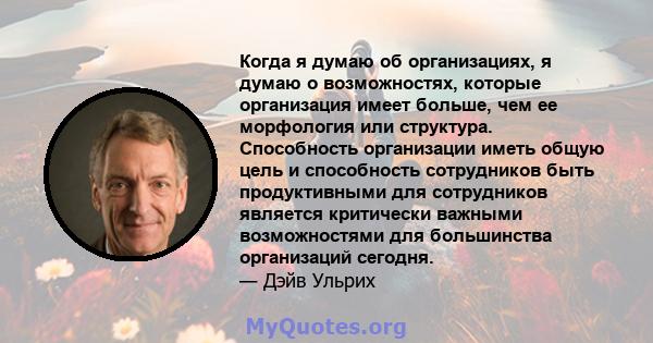 Когда я думаю об организациях, я думаю о возможностях, которые организация имеет больше, чем ее морфология или структура. Способность организации иметь общую цель и способность сотрудников быть продуктивными для