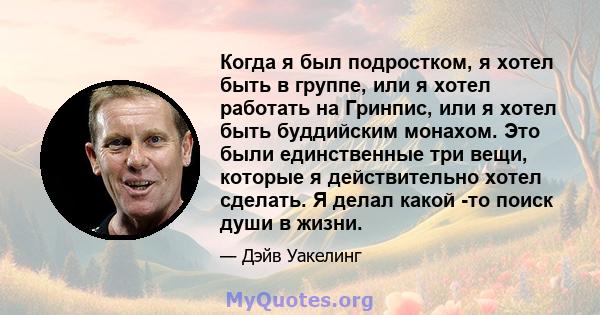 Когда я был подростком, я хотел быть в группе, или я хотел работать на Гринпис, или я хотел быть буддийским монахом. Это были единственные три вещи, которые я действительно хотел сделать. Я делал какой -то поиск души в