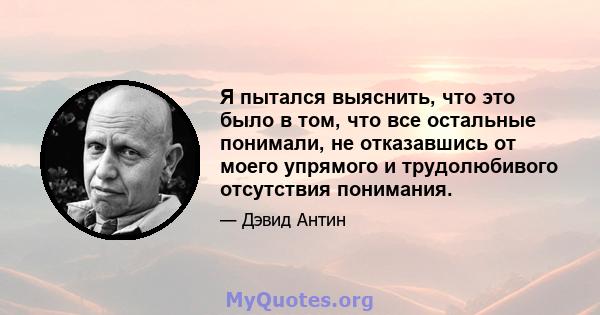 Я пытался выяснить, что это было в том, что все остальные понимали, не отказавшись от моего упрямого и трудолюбивого отсутствия понимания.