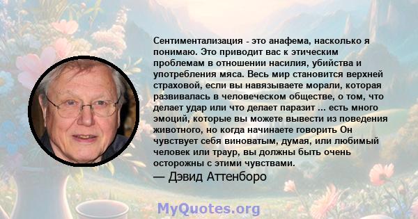 Сентиментализация - это анафема, насколько я понимаю. Это приводит вас к этическим проблемам в отношении насилия, убийства и употребления мяса. Весь мир становится верхней страховой, если вы навязываете морали, которая