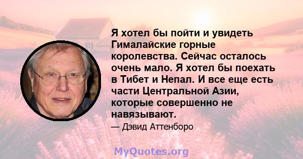 Я хотел бы пойти и увидеть Гималайские горные королевства. Сейчас осталось очень мало. Я хотел бы поехать в Тибет и Непал. И все еще есть части Центральной Азии, которые совершенно не навязывают.