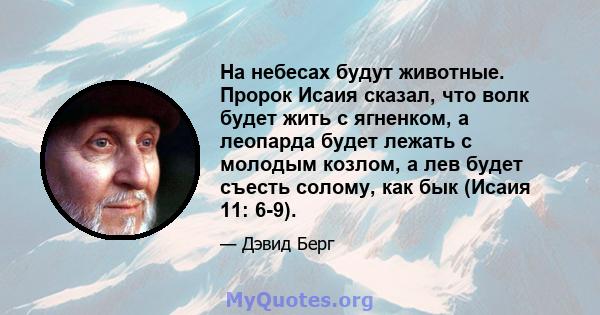 На небесах будут животные. Пророк Исаия сказал, что волк будет жить с ягненком, а леопарда будет лежать с молодым козлом, а лев будет съесть солому, как бык (Исаия 11: 6-9).