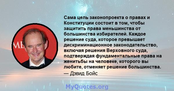 Сама цель законопроекта о правах и Конституции состоит в том, чтобы защитить права меньшинства от большинства избирателей. Каждое решение суда, которое превышает дискриминационное законодательство, включая решения