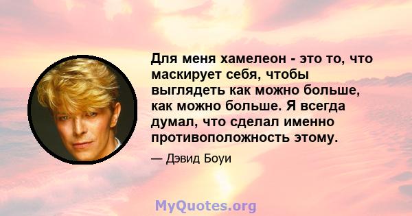 Для меня хамелеон - это то, что маскирует себя, чтобы выглядеть как можно больше, как можно больше. Я всегда думал, что сделал именно противоположность этому.