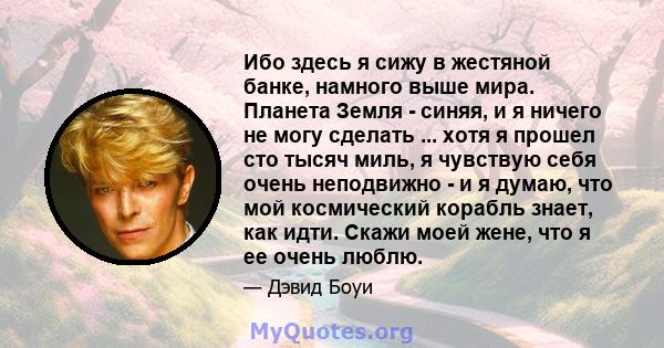 Ибо здесь я сижу в жестяной банке, намного выше мира. Планета Земля - ​​синяя, и я ничего не могу сделать ... хотя я прошел сто тысяч миль, я чувствую себя очень неподвижно - и я думаю, что мой космический корабль