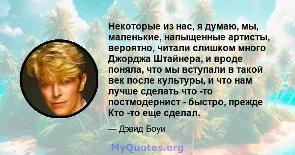 Некоторые из нас, я думаю, мы, маленькие, напыщенные артисты, вероятно, читали слишком много Джорджа Штайнера, и вроде поняла, что мы вступали в такой век после культуры, и что нам лучше сделать что -то постмодернист -