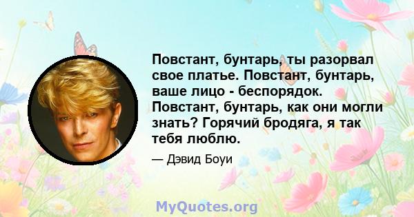 Повстант, бунтарь, ты разорвал свое платье. Повстант, бунтарь, ваше лицо - беспорядок. Повстант, бунтарь, как они могли знать? Горячий бродяга, я так тебя люблю.