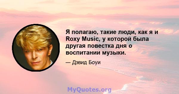 Я полагаю, такие люди, как я и Roxy Music, у которой была другая повестка дня о воспитании музыки.