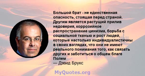 Большой брат - не единственная опасность, стоящая перед страной. Другим является растущий прилив недоверия, коррозийное распространение цинизма, борьба с социальной тканью и рост людей, которые настолько