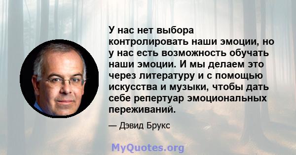 У нас нет выбора контролировать наши эмоции, но у нас есть возможность обучать наши эмоции. И мы делаем это через литературу и с помощью искусства и музыки, чтобы дать себе репертуар эмоциональных переживаний.