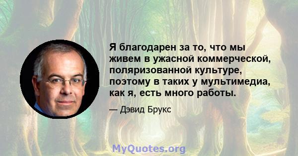 Я благодарен за то, что мы живем в ужасной коммерческой, поляризованной культуре, поэтому в таких у мультимедиа, как я, есть много работы.