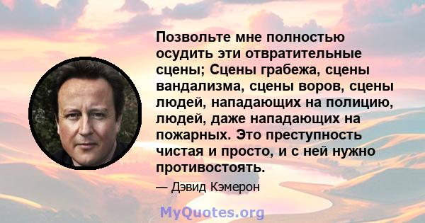 Позвольте мне полностью осудить эти отвратительные сцены; Сцены грабежа, сцены вандализма, сцены воров, сцены людей, нападающих на полицию, людей, даже нападающих на пожарных. Это преступность чистая и просто, и с ней