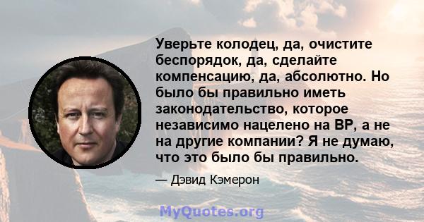 Уверьте колодец, да, очистите беспорядок, да, сделайте компенсацию, да, абсолютно. Но было бы правильно иметь законодательство, которое независимо нацелено на BP, а не на другие компании? Я не думаю, что это было бы