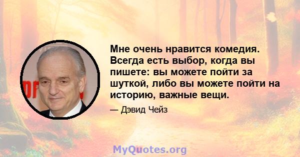 Мне очень нравится комедия. Всегда есть выбор, когда вы пишете: вы можете пойти за шуткой, либо вы можете пойти на историю, важные вещи.