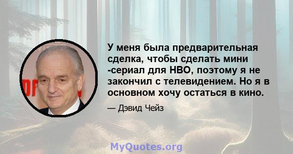 У меня была предварительная сделка, чтобы сделать мини -сериал для HBO, поэтому я не закончил с телевидением. Но я в основном хочу остаться в кино.