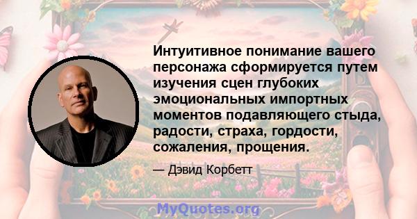 Интуитивное понимание вашего персонажа сформируется путем изучения сцен глубоких эмоциональных импортных моментов подавляющего стыда, радости, страха, гордости, сожаления, прощения.