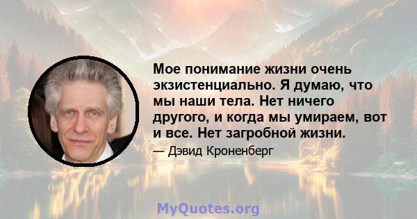 Мое понимание жизни очень экзистенциально. Я думаю, что мы наши тела. Нет ничего другого, и когда мы умираем, вот и все. Нет загробной жизни.