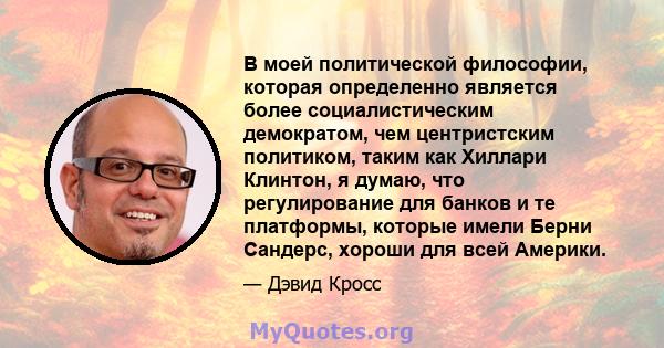 В моей политической философии, которая определенно является более социалистическим демократом, чем центристским политиком, таким как Хиллари Клинтон, я думаю, что регулирование для банков и те платформы, которые имели