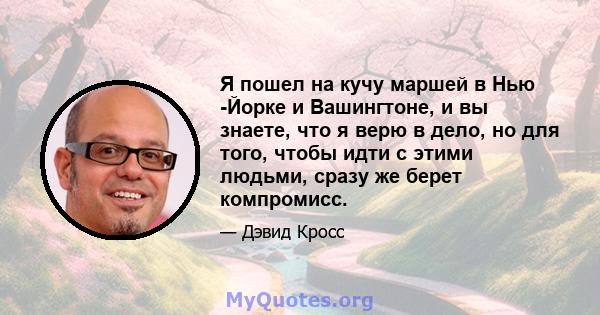 Я пошел на кучу маршей в Нью -Йорке и Вашингтоне, и вы знаете, что я верю в дело, но для того, чтобы идти с этими людьми, сразу же берет компромисс.