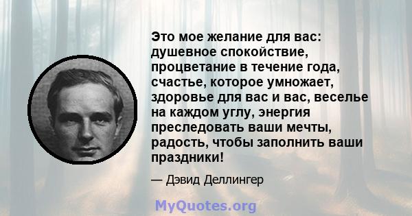 Это мое желание для вас: душевное спокойствие, процветание в течение года, счастье, которое умножает, здоровье для вас и вас, веселье на каждом углу, энергия преследовать ваши мечты, радость, чтобы заполнить ваши